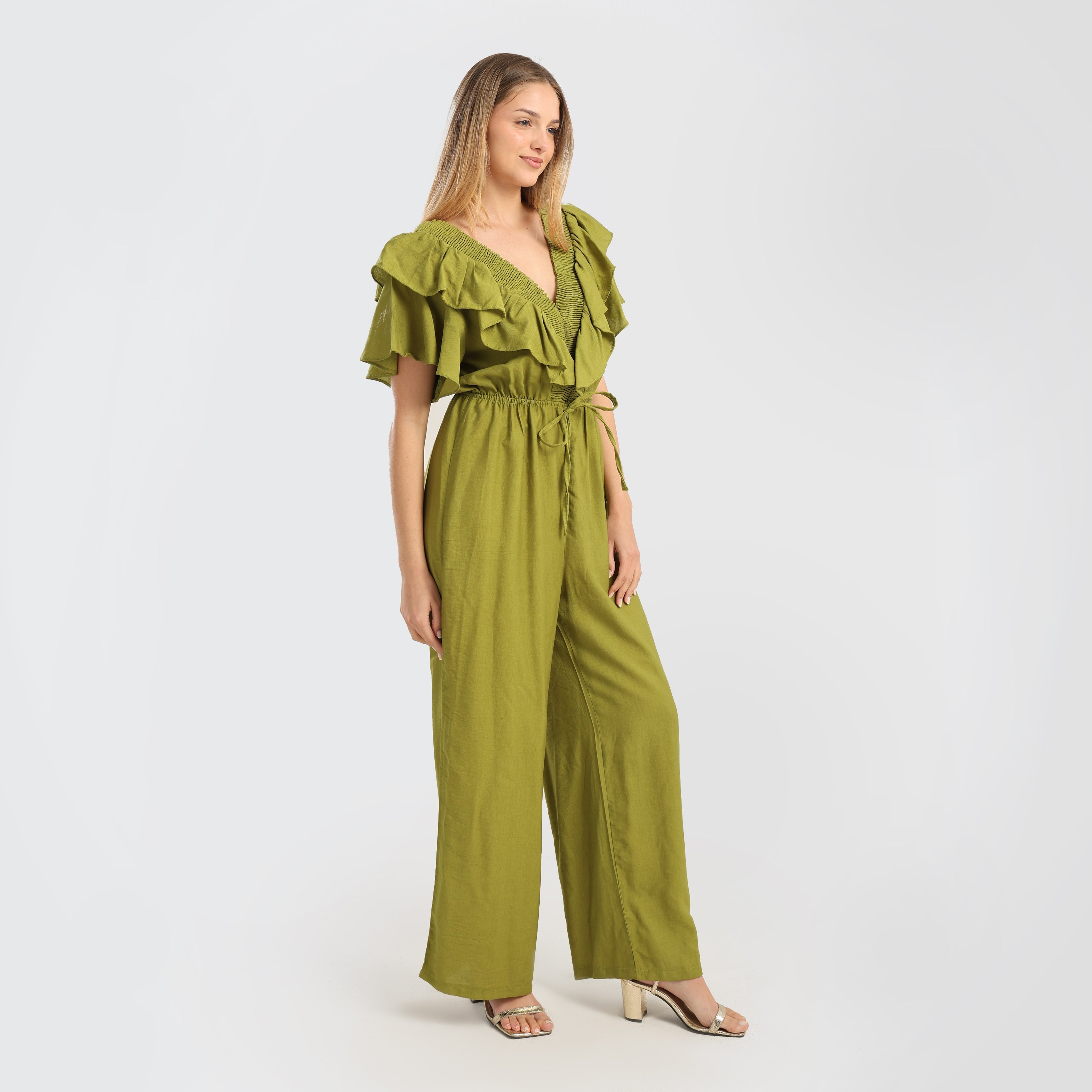 Elegant Green Ruffled Wide - Leg Jumpsuit with Drawstring Waist - Marca Deals - Flavie