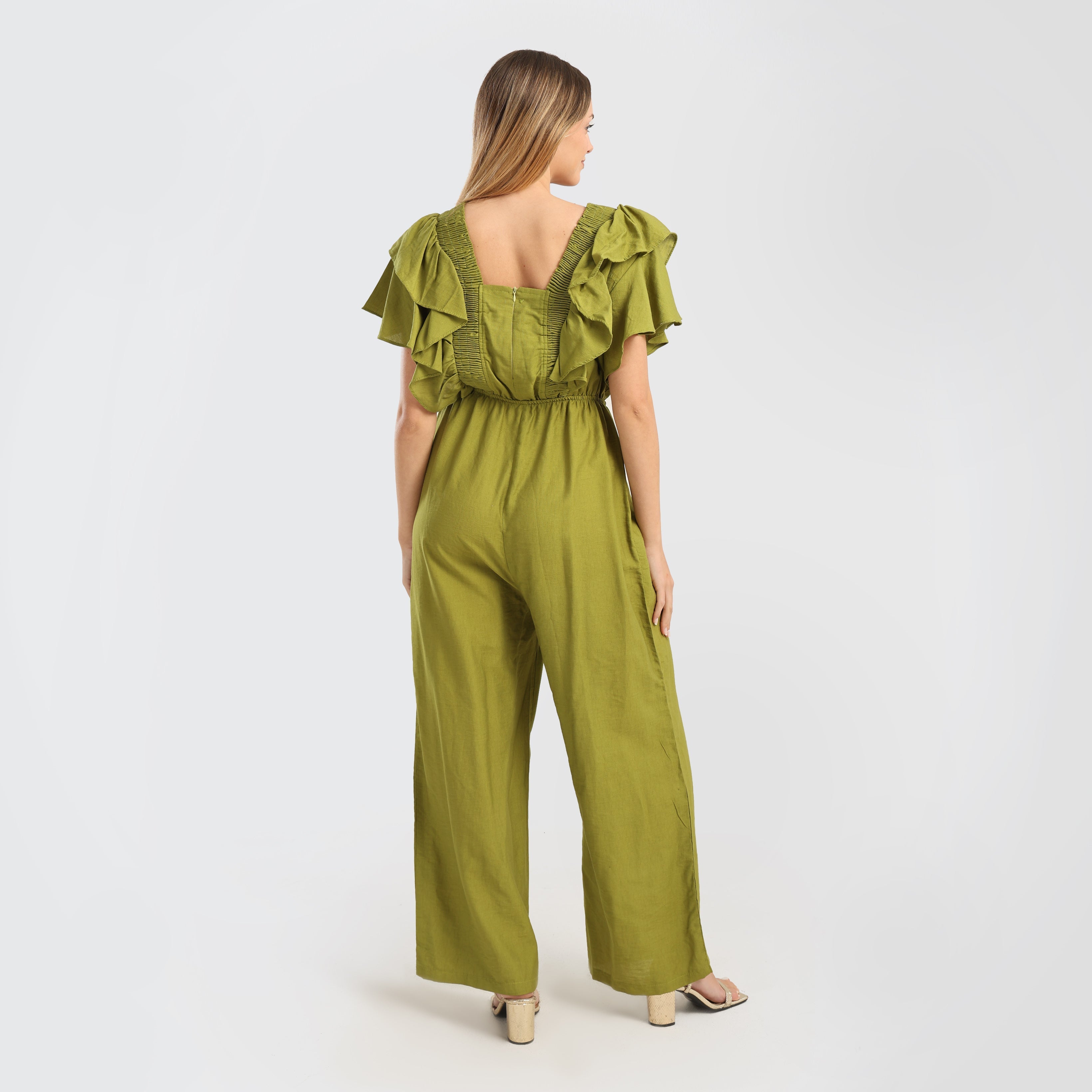 Elegant Green Ruffled Wide - Leg Jumpsuit with Drawstring Waist - Marca Deals - Flavie