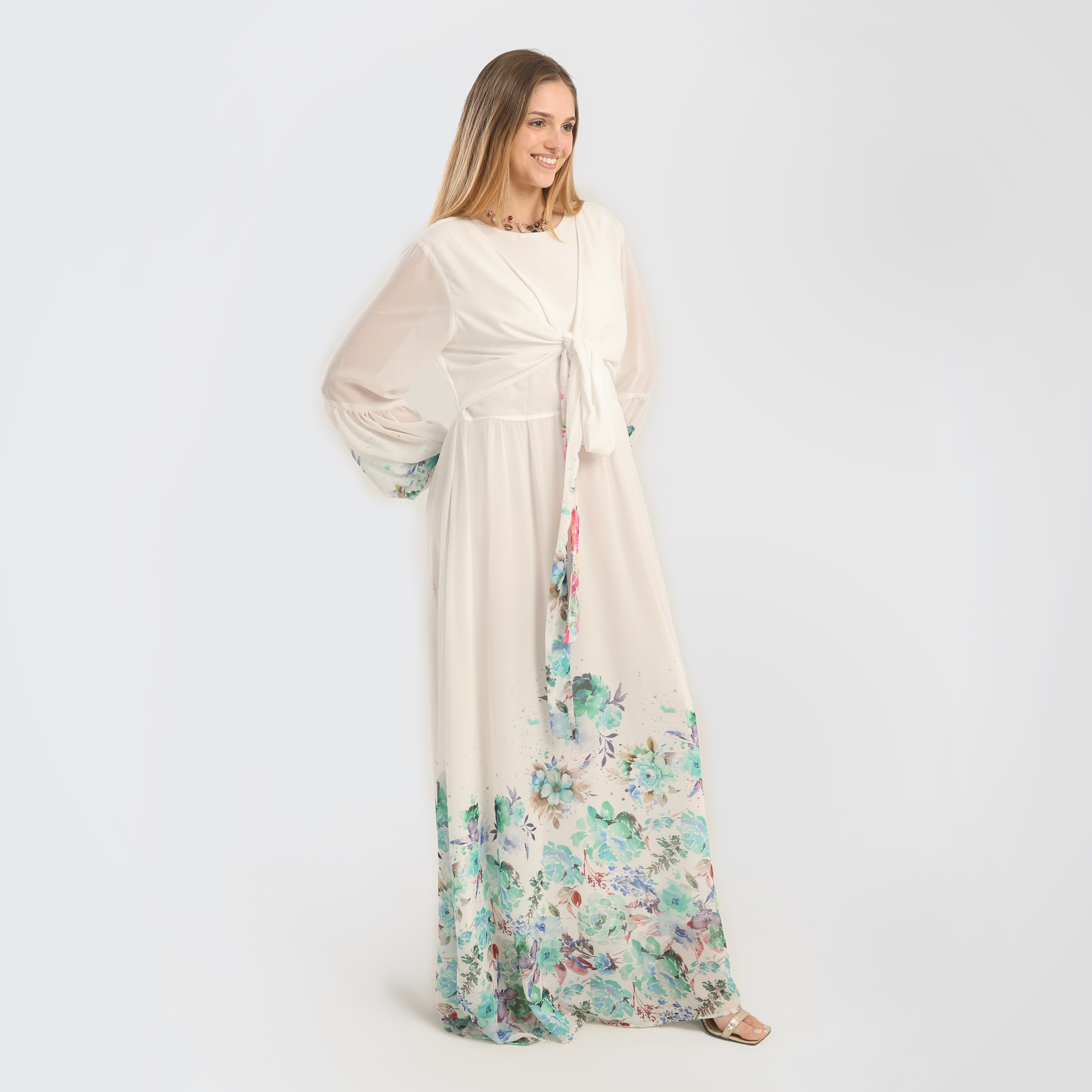 Elegant Floral Print Maxi Dress with Sheer Sleeves & Front Tie – Off - White - Marca Deals - Flavie
