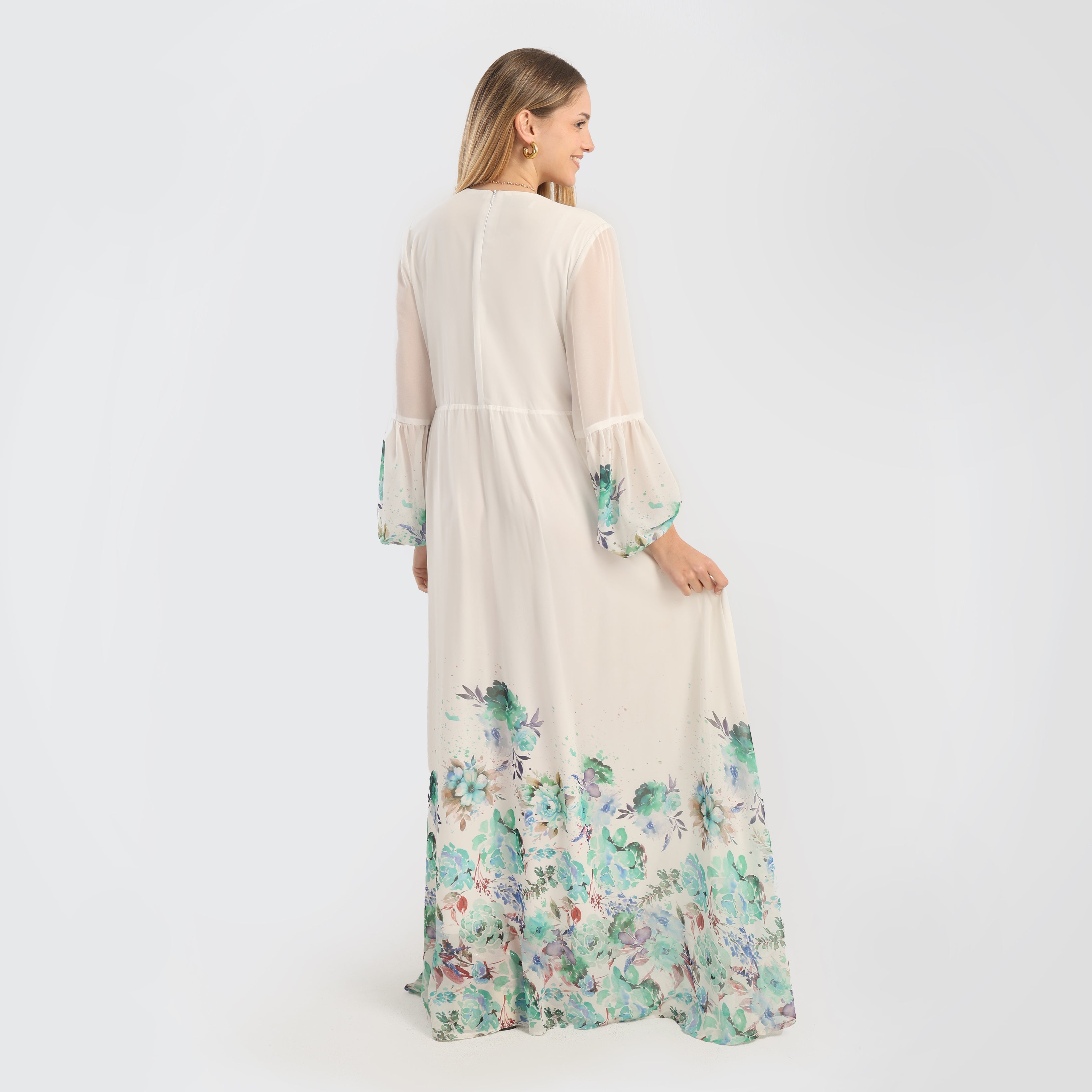 Elegant Floral Print Maxi Dress with Sheer Sleeves & Front Tie – Off - White - Marca Deals - Flavie