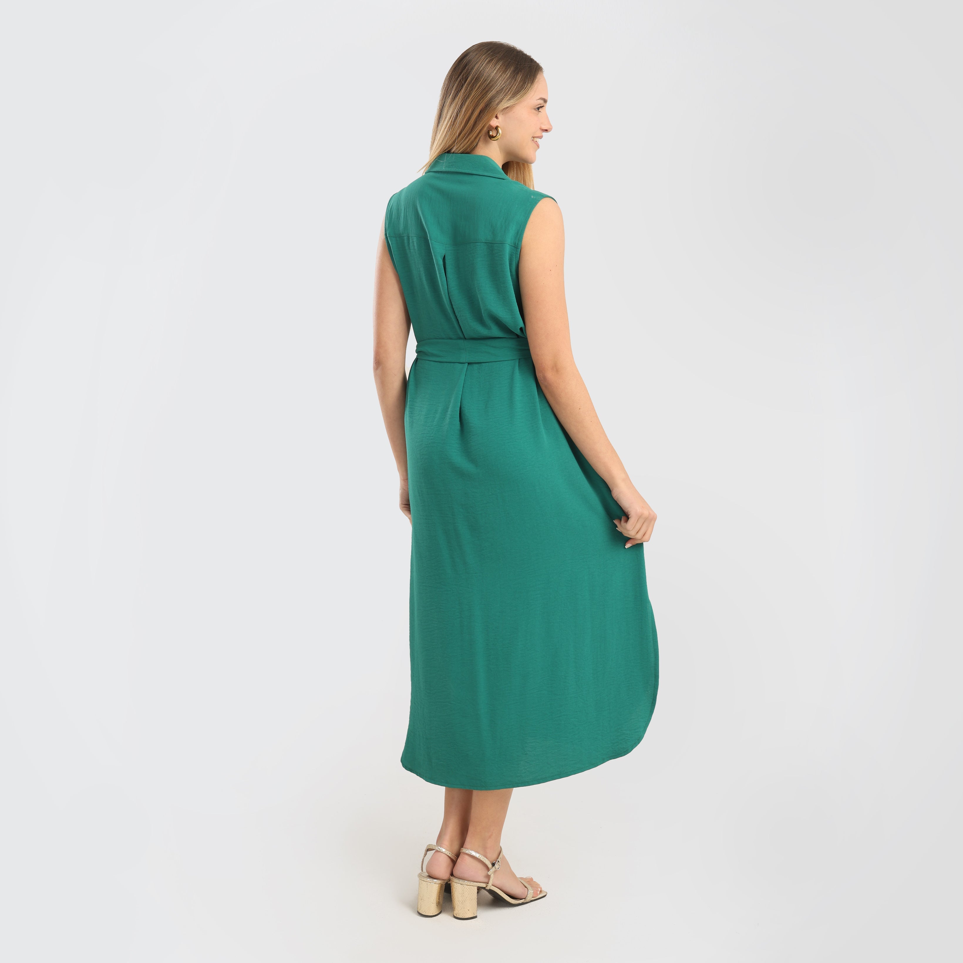 Sleeveless Button - Down Midi Dress with Waist Tie – Emerald Green - Marca Deals - Flavie