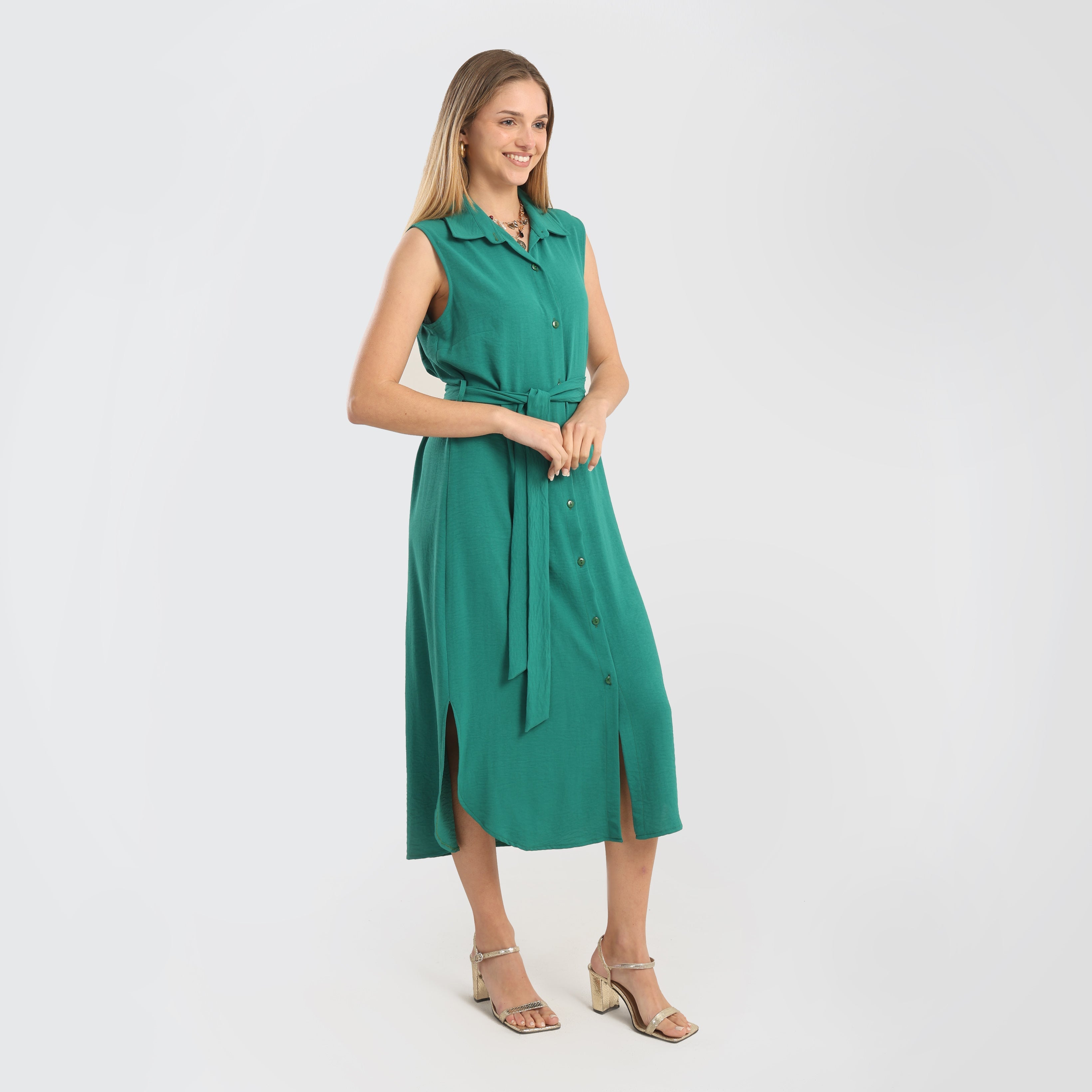 Sleeveless Button - Down Midi Dress with Waist Tie – Emerald Green - Marca Deals - Flavie